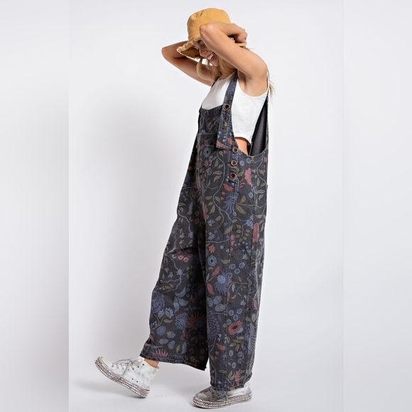 NWT Easel Black Denim Floral Boho Wide Leg Overall Jumpsuit - Picture 4 of 6